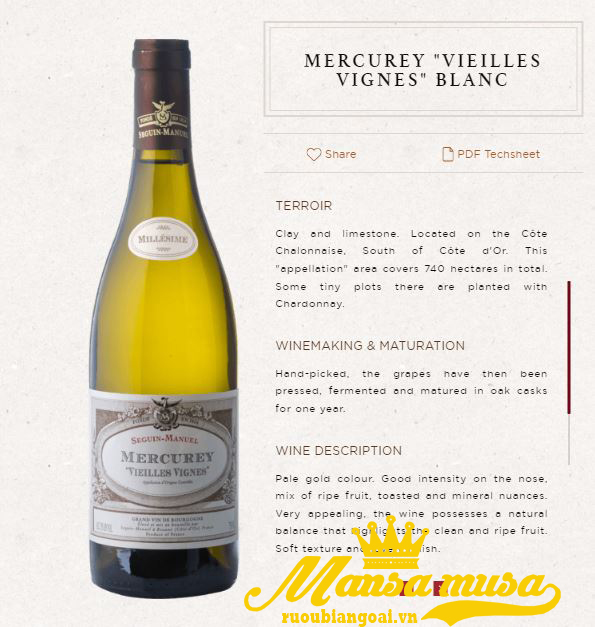 Rượu Vang Pháp Mercurey "Vieilles Vignes" Domaine Seguin-Manuel