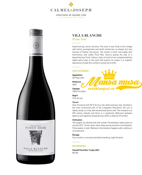 Rượu Vang Pháp Villa Blanche Pinot Noir